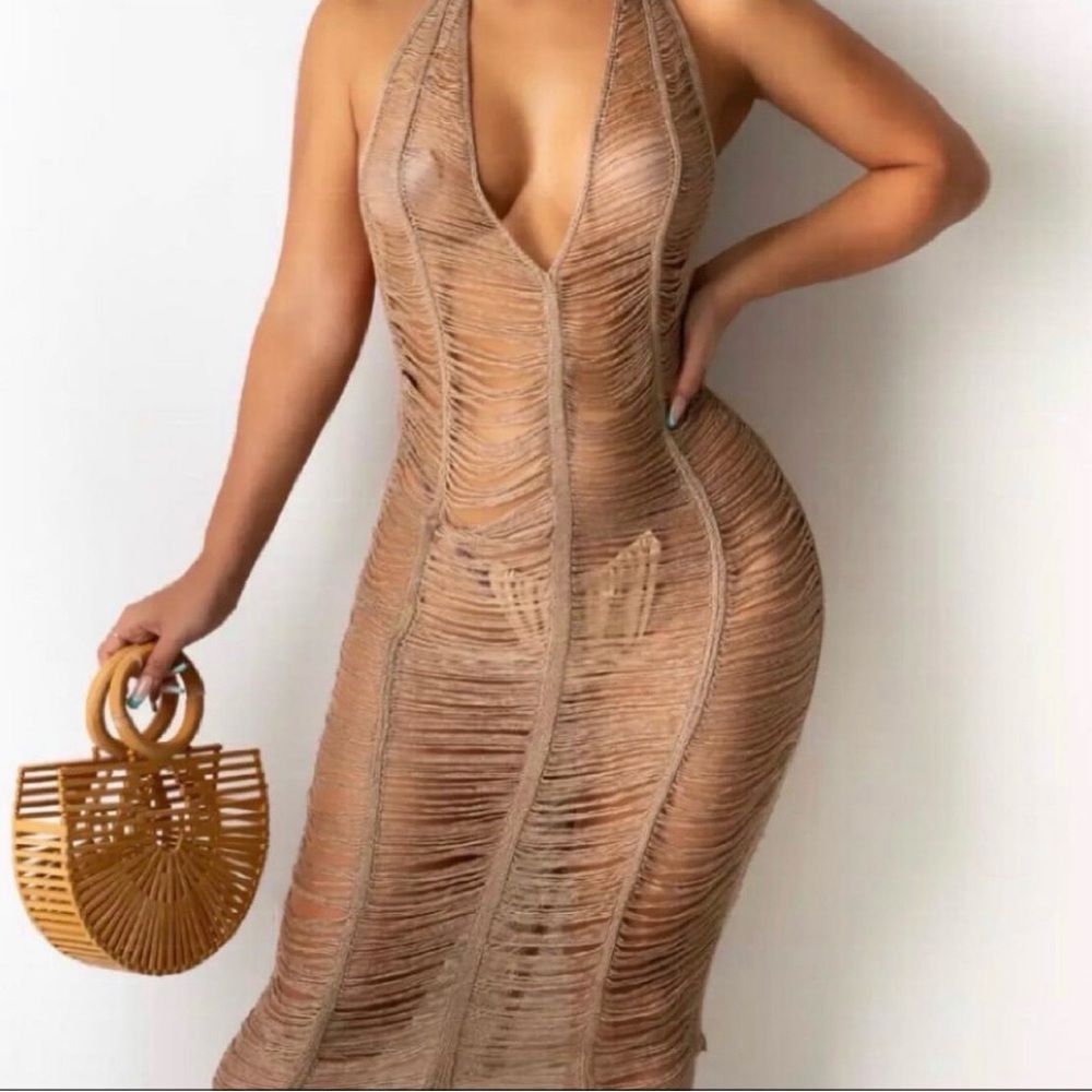 Elegant Tan Halter Dress